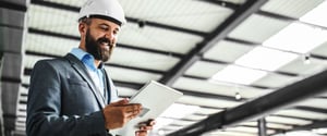 Building employee smiling at tablet